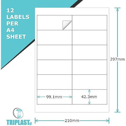 Triplast 50 x Multipurpose A4 Label Sheets - 12 Labels Per Sheet (99 x 42mm Each) - Easy Peel White Labels for Inkjet & Laser Printer - Address Labels, Shipping Labels, File Labels, DIY Stickers