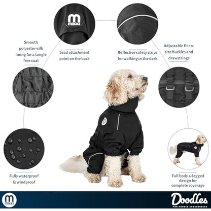 Mikki Doodles Dog Raincoat, Waterproof, Windproof, Silky Lining, Less Friction Means Less Knots & Tangles, Size Small, Black