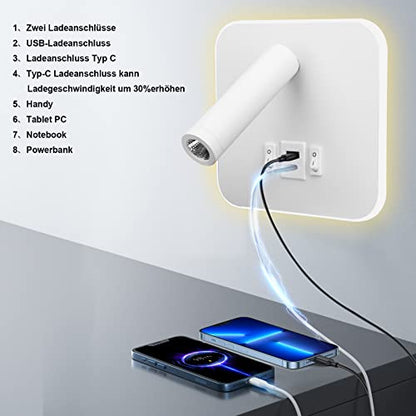 uksunvi LED Reading Lamp Wall Lamp USB Type-C Two Charge Mouth Switch Adjustable 12W LED Spotlight 3000K Wall Lamp Aluminum Bed Lamp Rotatable (Square