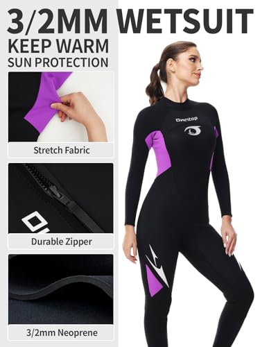 Owntop Women's Full Length 3/2mm Wetsuit, Ultra-Stretch Long Sleeve Winter Wetsuit, Back Zip Adult Neoprene Surfing Diving Wet Suit, Women Purple S