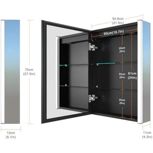 KWW LED Mirror Medicine Cabinet with Lights, LED Medicine Cabinet w/Defogger, Dimmer, 3 Color Light Makeup Mirror (55 x 70 cm)