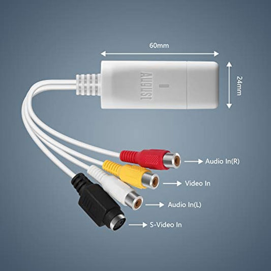 Video Capture Card USB - August VGB300 - Transfer VHS Hi8 8mm Tapes to PC or Mac Composite In or S-Video for Camcorders and Video Recorder VCR/Capture for Xbox 360 and PS3 Gameplay