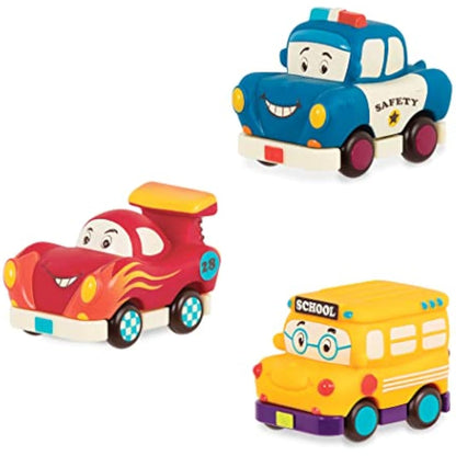 B. Toys – Mini Wheeee – ls! – 3 Pieces Mini Pull – Back Vehicles Set, Bus & Cars, Multi, Hot Rod, School Bus, Police Car – 1 Year +