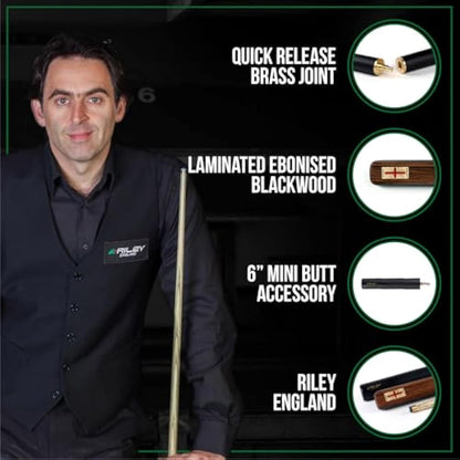 Riley England 3 Piece Snooker Cue & Hard Case 3/4 Cut – Hand Spliced Ebony Butt - 145cm - North American Ash Shaft with 9.5mm Tip - Includes 15cm Extension & Accessory Pack