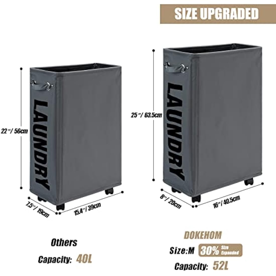 DOKEHOM 25-Inches Slim Laundry Basket on Wheels, Collapsible Rolling Laundry Hamper, Foldable Narrow Corner Clothes Storage Bins (Dark Grey)