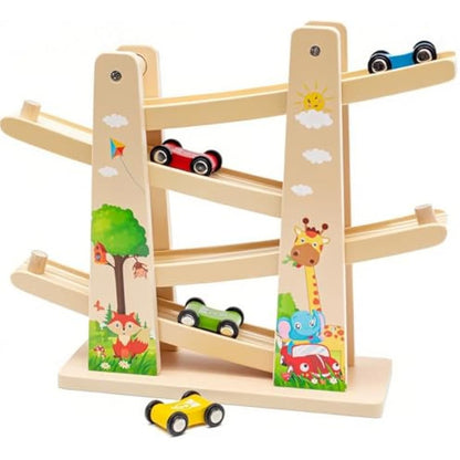 Wooden Car Ramp Toy Zig Zag Cars Slide|Toddler Toys Wooden Race Track with 4 Wood Cars for 1 2 Year Old Boy Gifts