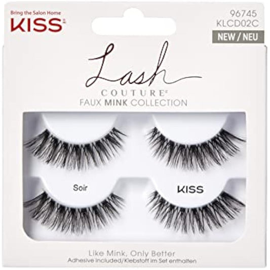 KISS Lash Couture Faux Mink Collection 2 Pairs of False Lashes, Soir, Ultrafine, Tapered, Synthetic Fake Lashes includes Lash Glue