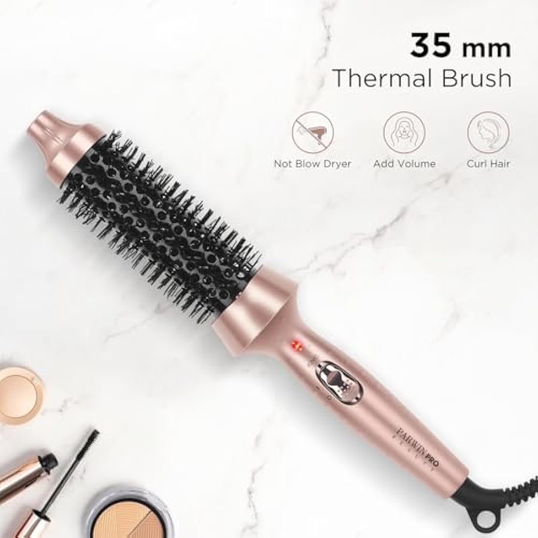 Parwin Pro Beauty Thermal Brush, 1.3"/35mm Heated Round Brush, Ionic Hot Brush Create Shinier & Smoother Curls, Not for Blow Drying, Fast Heating, Dual Voltage, 60Mins Auto Shut Down, Gold