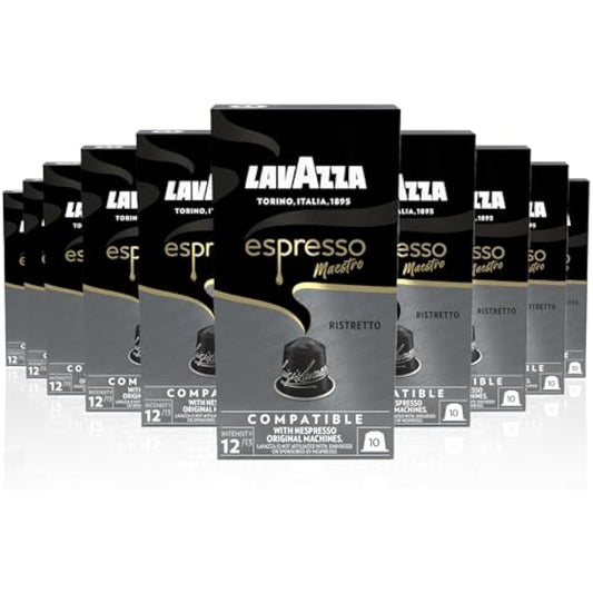 Lavazza, Espresso Maestro Ristretto, 100 Aluminium Capsules Compatible with Nespresso Original Machines, Chocolate & Caramel Notes, Arabica & Robusta, Intensity 12/13, Dark Roasting, Zero CO2 Impact