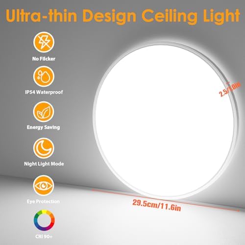 Yexati Bathroom Light 24W 3200LM 30cm Dimmable with Remote Control 6500K-3000K, IP54 LED Bathroom Light Ultra Thin Flush Ceiling Light Round for Kitchen Toilet Porch Bedroom Utility Room White 4 Pack