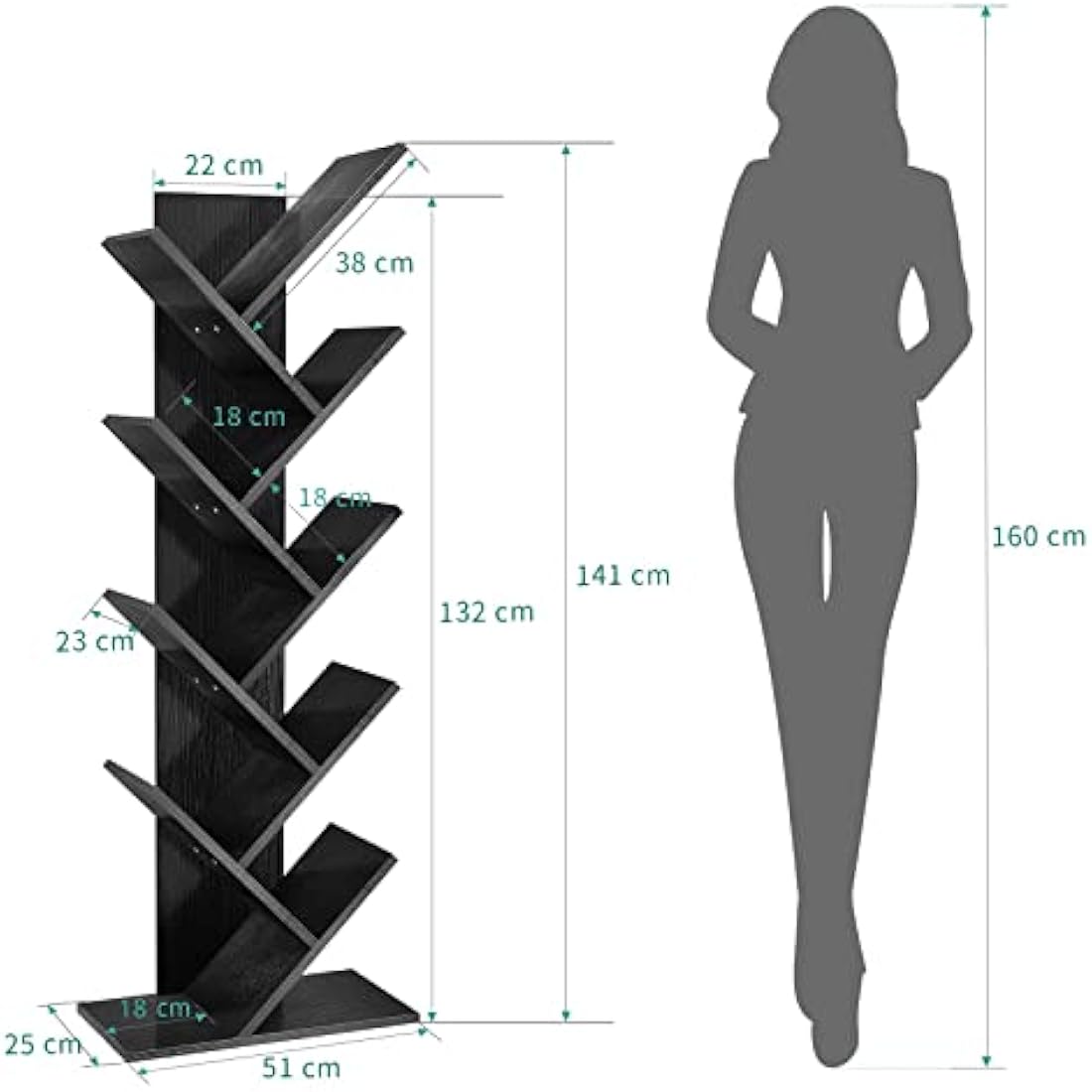 YITAHOME Tree Bookshelf, Floor Standing Book Shelf, Tall Industrial Wooden Shelves Bookcase, Display Storage Shelving Units for Living Room Home Office - Black Bookshelf