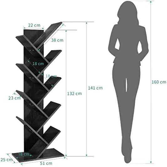 YITAHOME Tree Bookshelf, Floor Standing Book Shelf, Tall Industrial Wooden Shelves Bookcase, Display Storage Shelving Units for Living Room Home Office - Black Bookshelf