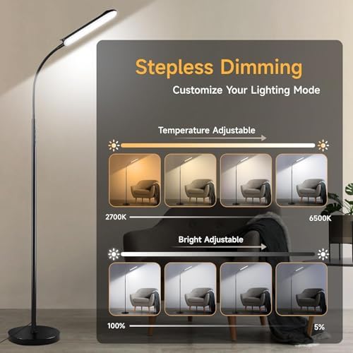 LED Uplighter Floor Lamp Adjust freely, 18W 1800LM Dimmable Floor Standing Lamp with Remote & Touch Control, 1min Installation, Standard Eye Caring Reading Lamps Living Room Modern for Bedroom (Black)