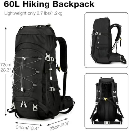 Outplea 60L Hiking Backpack Waterproof for Men Women, Large Camping Backpack with Rain Cover, Mesh Back Hiking Backpack for Travel Trekking Backpacking