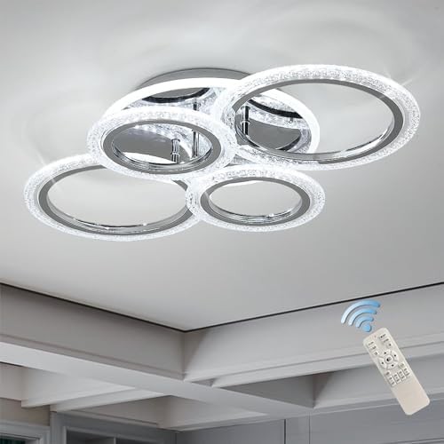 Qcyuui 58W Dimmable LED Ceiling Light, Modern 4-Ring Acrylic Flush Mount Chandelier for Living Room, Bedroom, Dining Room, Chrome Finish