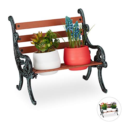 Relaxdays Mini Flower Bench, Wood & Cast Iron, Flower Holder for 2 Pots, Garden Decoration, Brown/Grey-Green