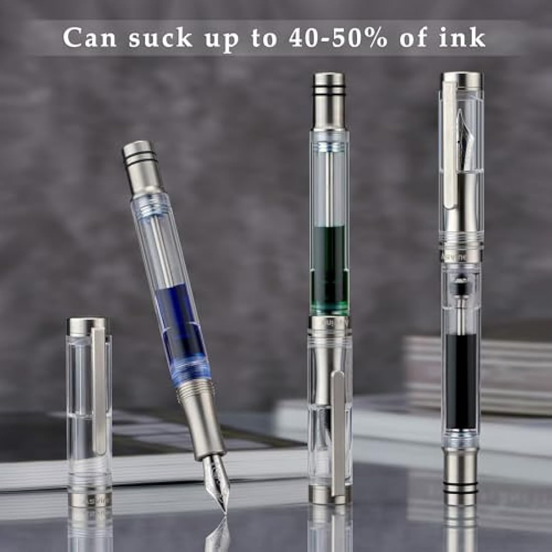 Asvine V200 Titanium Fountain Pen Vacuum Filling, Iridium Medium Nib Clear Transparent Acrylic Smooth Writing Pen Case Set