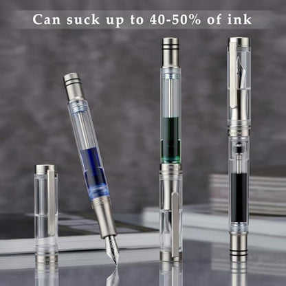 Asvine V200 Titanium Fountain Pen with Clear Acrylic Case and Extra Fine Nib with Vacuum Refill