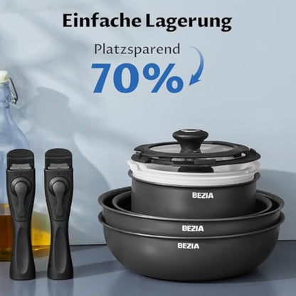 BEZIA Induction Hob Pans Set 13 Pieces, Non Stick Pots and Pans Set with Detachable Handles, Nonstick Kitchen Cookware Sets with Removable Handle, Stackable RV Frying Pans for Campers, Oven Safe