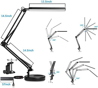 SKYLEO LED Desk Lamp with Clip and Base - Eye Protection Desk Lamps for Study - Swing Arm USB Desk Lamp Office - 3 Light Modes x 10 Brightness Levels - 12W - Black
