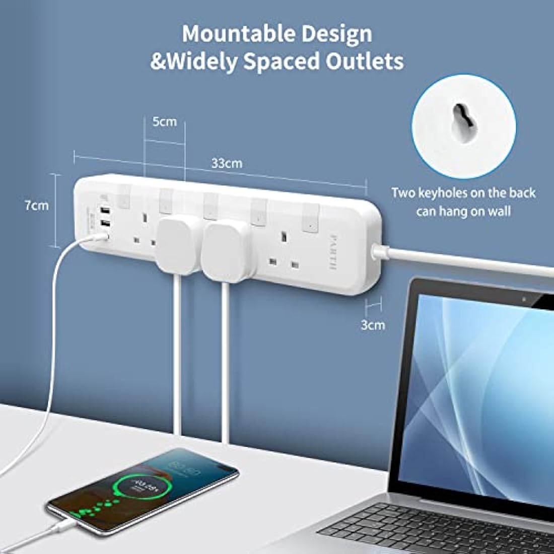 PARTH Extension Lead 5M Surge Protected Extension Cord with USB Slots,5 metre Extension Cable,4 Way UK Switched Plug Extension Socket,Heavy Duty Surge Protector Wall Mounted Extra Long Power Strip