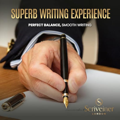 Scriveiner Black Lacquer Fountain Pen Stunning Pen, Real Gold Plating, Schmidt Gilded Nib (Extra Fine), Best Pen Gift Set for Men & Women, Professional, Executive, Office, Nice Pens