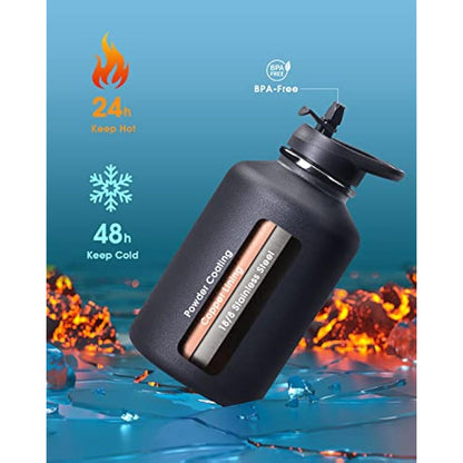 Coolflask 2L Water Bottle Stainless Steel with PU Leather Sleeve, Half Gallon Insulated Water Bottles with Straw Lids, Stainless Steel Metal Large Water Jug, Keep Cold 48h Hot 24h, Polar Black
