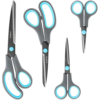 Asdirne Teflon Coating Scissors Set of 4, Non-Stick Scissors All Purpose, Premium Stainless Steel Razor Blades, Ergonomic Semi-Soft Rubber Grip, 10/''/8.5/''/6/''/5/'', Blue&Gray