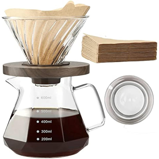 Lalord Pour Over Coffee Maker, 600 ml Borosilicate Glass Carafe with 100 pcs Size 02 Paper Filter, Walnut Handle, Drip Coffee Maker for Home Café Restaurant Camping, Hold 3 Cups