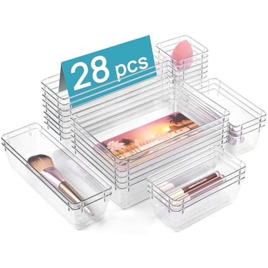 Vtopmart 28 PCS Clear Plastic Drawer Organizers Set, 4-Size Bathroom and Vanity Drawer Organizer Trays, Acrylic Storage Bins for Makeup, Cosmetic, Kitchen Utensils