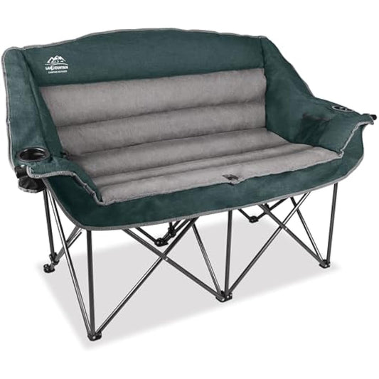 LANMOUNTAIN Fully Padded Folding Double Camping Chairs,Comfy Oversized Loveseat Lawn Chair w/Wine Glass Holder,Cup Holder,Heavy Duty Outdoor Portable Camp Couch Support 600 Lbs,Dark Green