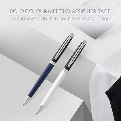 Waterman Hémisphère Ballpoint Pen | Black & White Lacquer with Palladium Coated Trim | Medium Point | Blue Ink | Gift Box