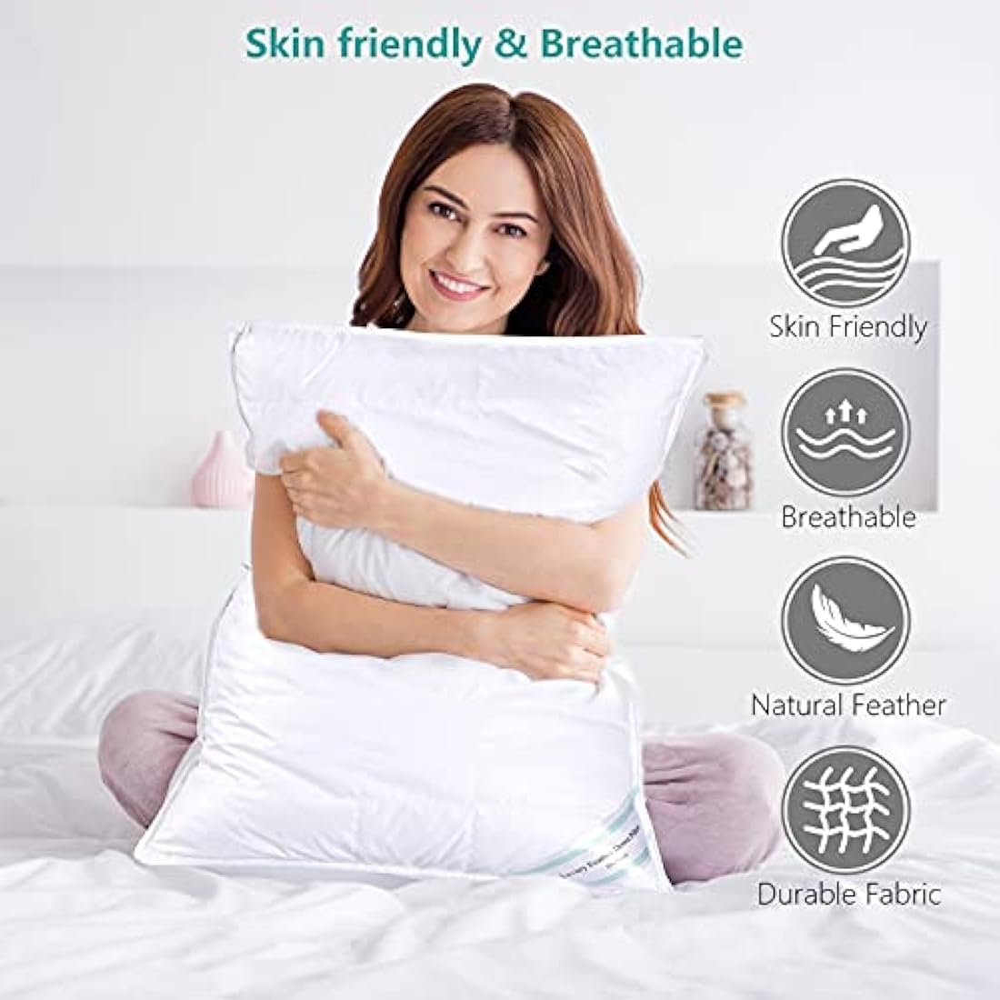 Threads For Bed Natural Feather & Down Pillows Pack of 2, Luxury Sleeping Pillow with Downproof Dual Layer Cover, Medium/Soft Density Support Pillow For Back & Side Sleeper - 19x29