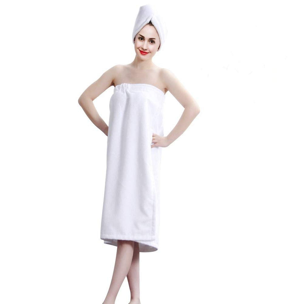 ZJchao Bamboo Cotton Bath Towel Wrap for Women Adjustable Spa Shower Robe with Hair Turban White Absorbent Pool Gym Cover Up Set