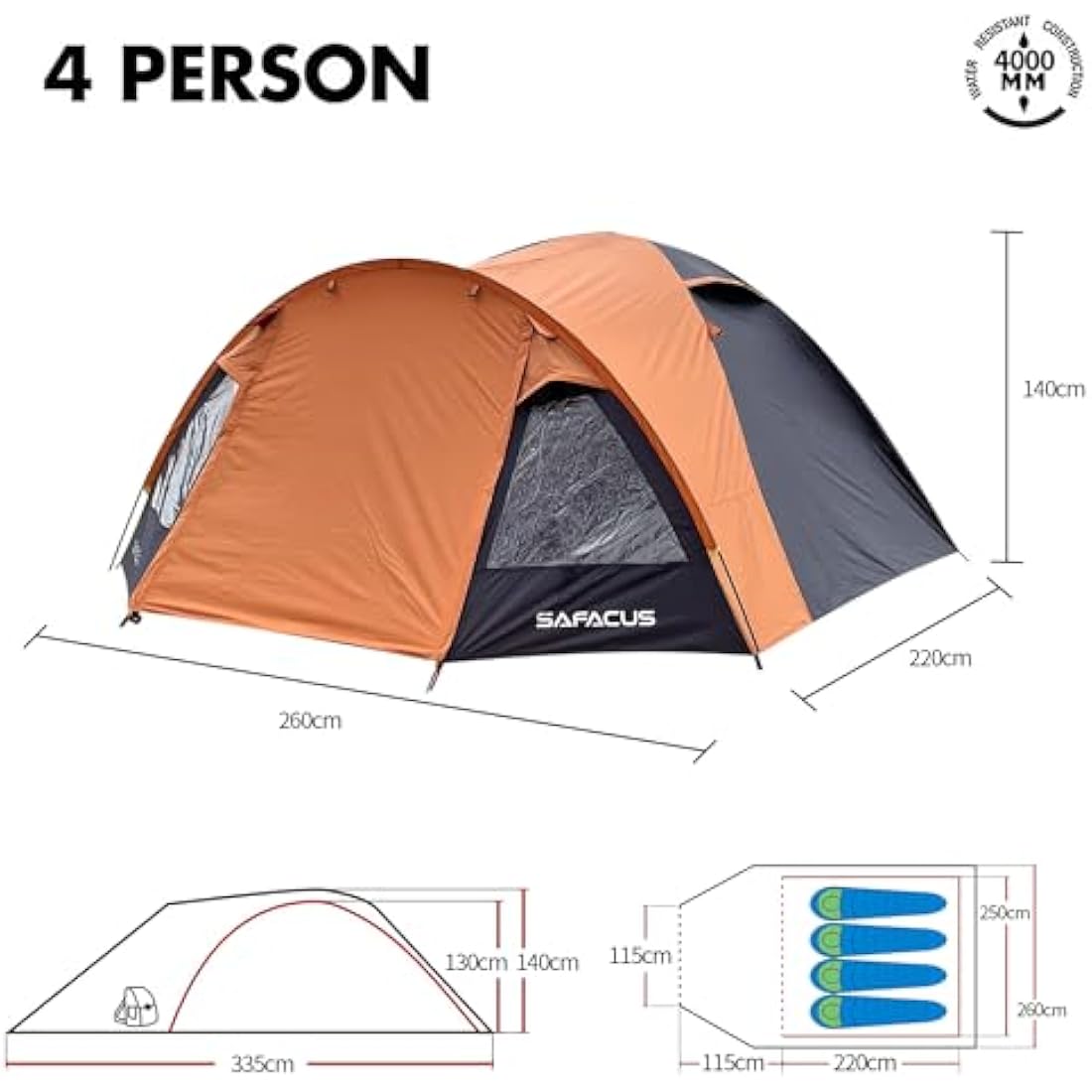 SAFACUS 3-4 Person Dome Camping Tent, Double layer, Full Waterproof Holiday Family 3 to 4 Man Tent, Easy to Set Up for Outdoors Hiking Fishing Traveling Beach Vacation