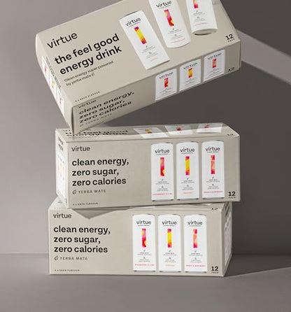 Virtue Clean Energy Mixed Pack - 12 x Yerba Mate Natural Energy Drinks - Sugar Free, Zero Calories, Vegan (12 x 250ml) [Strawberry & Lime, Tropical, Peach & Raspberry]