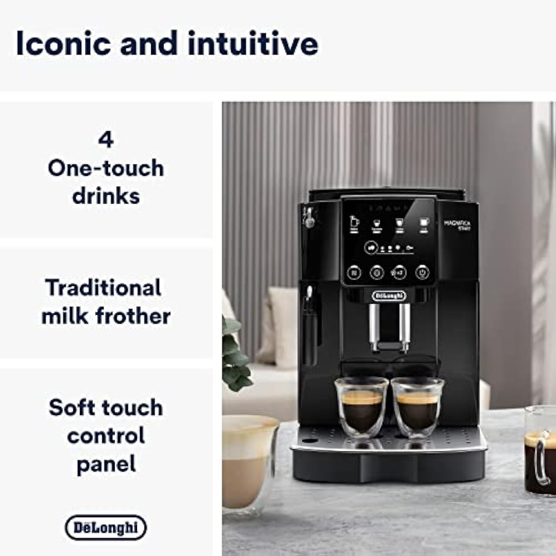 De'Longhi Magnifica ECAM222.20.B, Automatic Coffee Machine with Milk Nozzle, Bean to Cup Espresso Machine with 4 One-Touch Recipes, Soft-Touch Control Panel, 1450W, Black