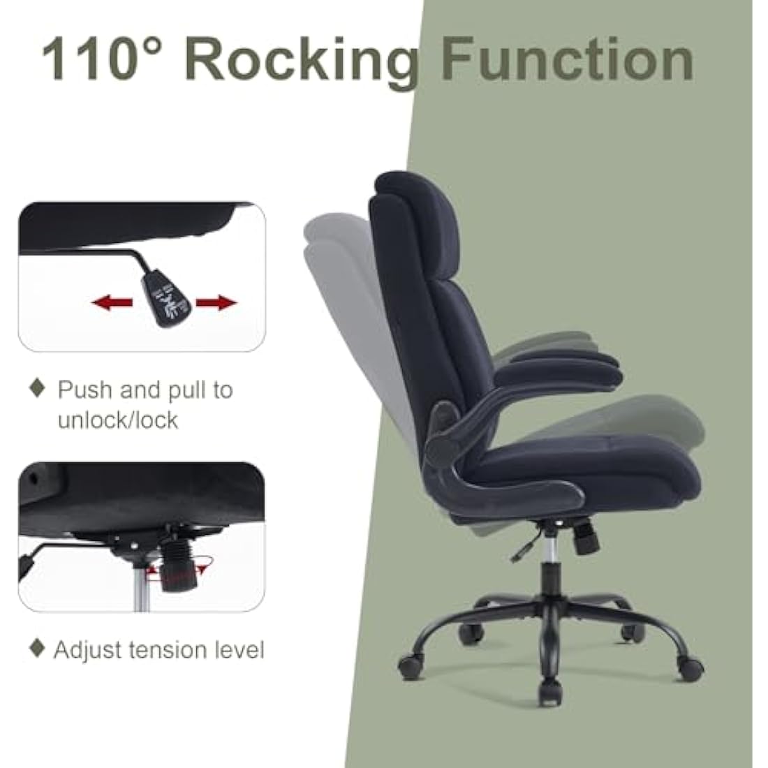 CASTLOVE Ergonomic Office Chair for Home - Computer Desk Chair with Back Support - Flip Up Armrest - High Back - Height Adjustable - Rocking Function (Fabric Office Chair Black Max 150 kg)
