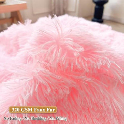 XeGe Faux Fur Comfy Bean Bag Cover for Living Room(No Filler), Fluffy Stuffed Animal Storage Bean Bag Chair Cover Home Decor, Furry Fuzzy Big Gaming Beanbag Cover Adults Kids Girls, Anti-slip, Pink