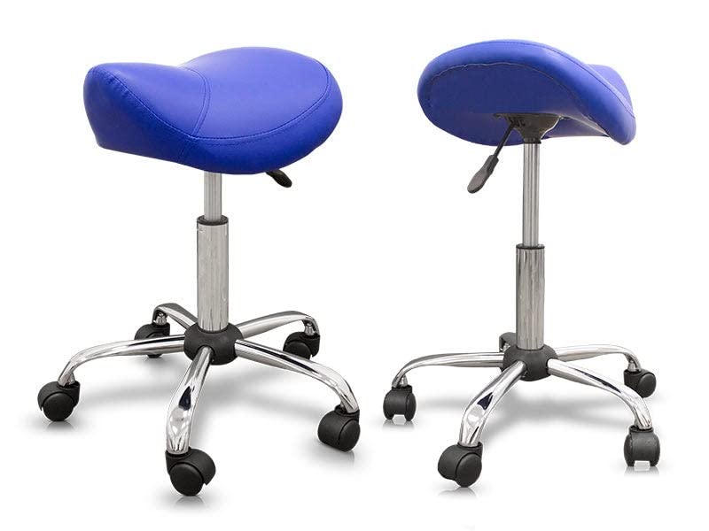 QUIRUMED Ergonomic Pony Stool with Steel Base, Orange, Upholstered in Leatherette, Adjustable Height, Padded Seat, Swivel Wheels, Up to 150 kg