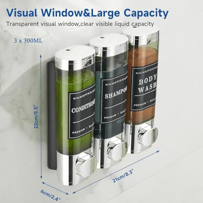 Unisense 3 Chamber Wall-Mounted Shampoo and Conditioner Dispenser for Shower - No Drill, Large Capacity, Chrome