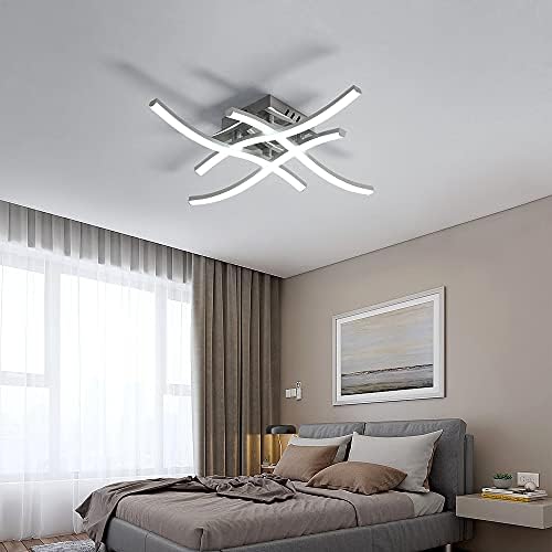 Dorlink LED Ceiling Lights, Modern Dimmable Light with Remote Control, Elegant Curved Design Chandelier 4 Built-in Boards, 28W 2350LM Silver Chrome Lighting for Living Room, Bedroom