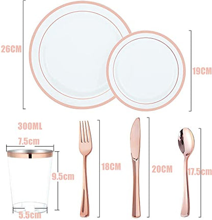 LATERN 150Pcs Multi-Use Rose Gold Plastic Dinnerware Set, 25 x Reusable Dinner Plates, 25 x Salad Plates, 25 x Knive, 25 x Mini Forks, 25 x Spoons, 25