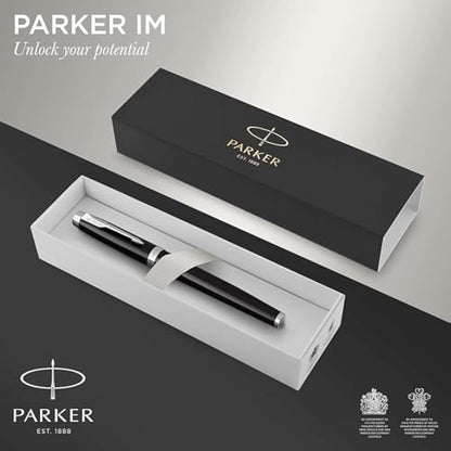 Parker IM Fountain Pen | Black Lacquer with Chrome Trim | Fine Nib with Blue Ink Refill | Gift Box