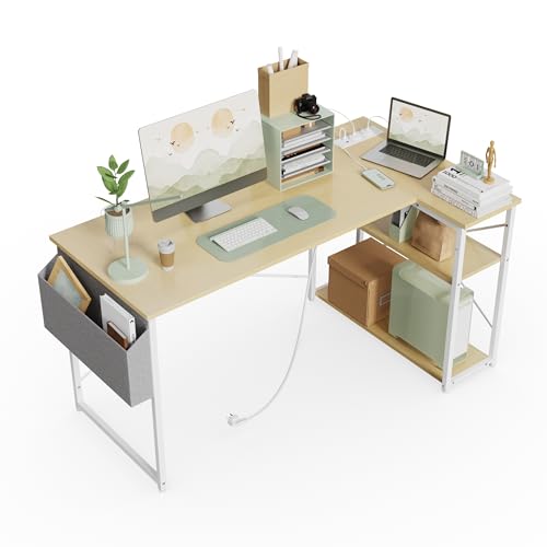 BEXEVUE Small L Shaped Desk with Power Outlets - 120x70cm Corner Computer Desk Writing Table, Reversible Large Storage Shelves, Bookshelf Workstation