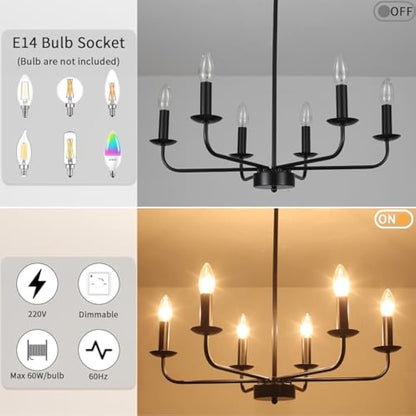 QAREHL Chandeliers Ceiling Light, 6 Arms Black Chandelier Light Pendant Light Fitting Ceilings Living Room, Rustic Bedroom Lighting Fittings, Dining Room Lights Ceiling Over Table, E14 Socket