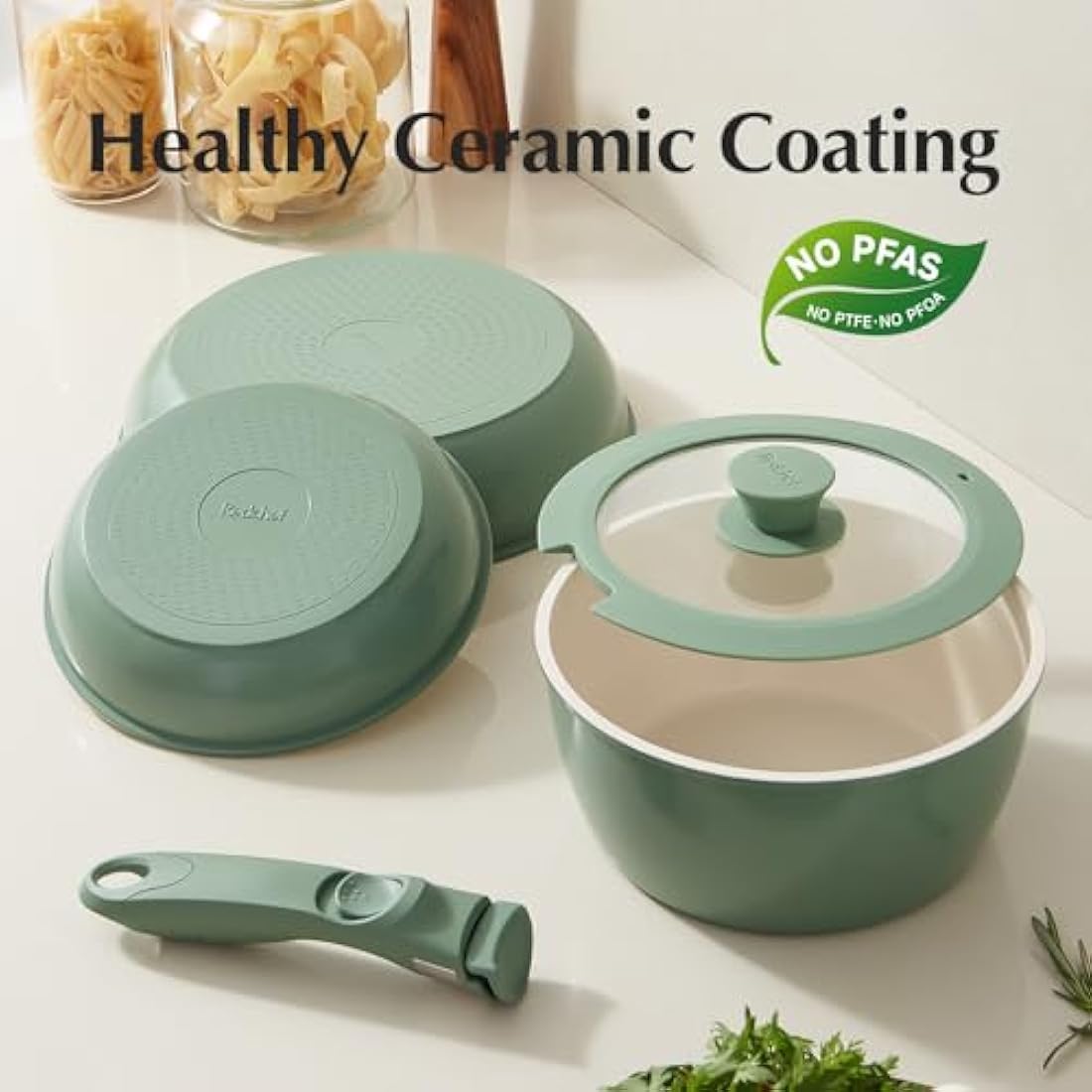 Redchef 16pcs Ceramic Pots and Pans Set Non Stick, Nonstick Cookware Set with Detachable Handle, PFAS PFOA & PTFE Free, RV Ceramic Cookware Set for Camping, Oven Safe (Green)