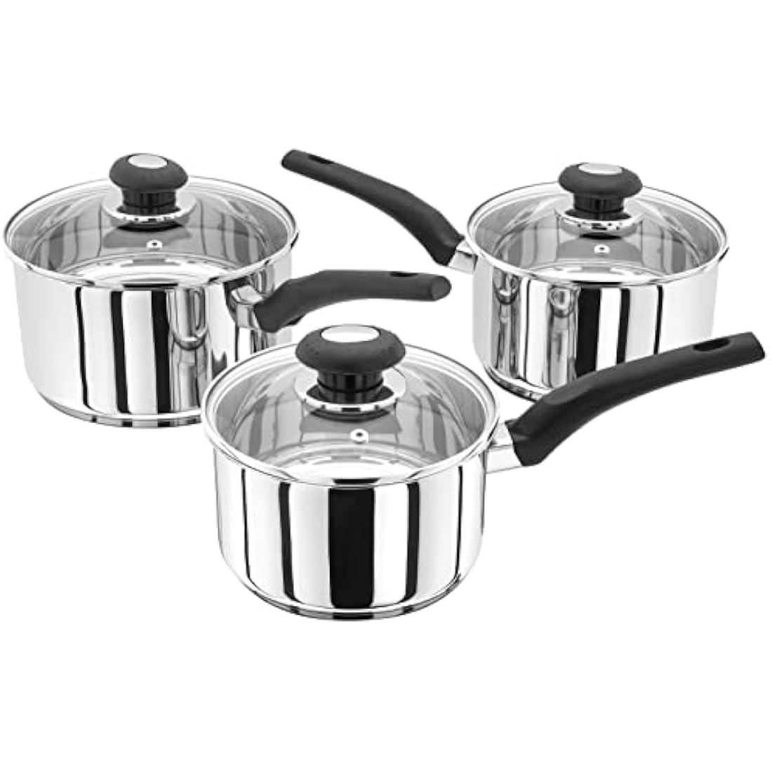 Judge Essentials Stainless Steel Set of Pans, 3-Piece Set, 16cm, 18cm & 20cm Saucepans, Vented Glass Lids, Induction Ready