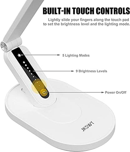 JKSWT LED Desk Lamp, Eye-Caring Table Lamps Natural Light Protects Eyes Dimmable Office Lamp with 5 Color Modes USB Charging Port Touch Control and Memory Function, 10W Reading Lamp,White