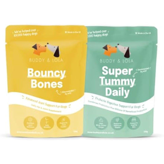 Buddy & Lola Joints and Tummy Bundle for Dogs - High CFU Count, Plant-Based Dog Probiotics for Gut Health - Dog Probiotic Powder with Prebiotics for Skin Health & Joint Support Supplement